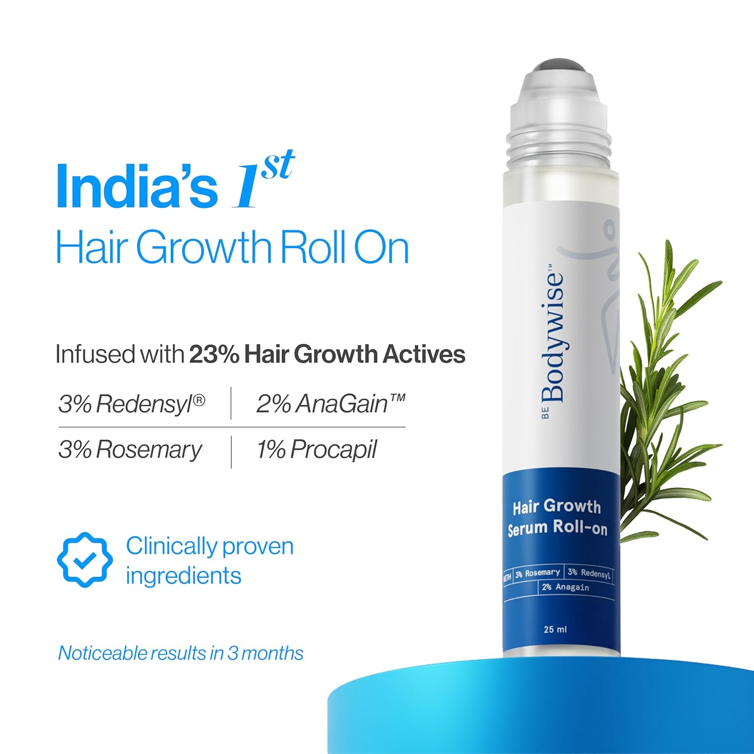 BeBodywise Rosemary Hair Growth Serum (Roll On) - 25 ml - Pack of 3