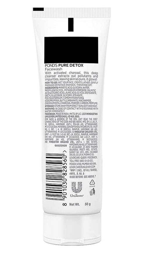 POND'S Face Cleanser - Pure Detox, Facial Foam, Activated Charcoal Face Wash with Skin-Brightening Niacinamide, Moringa Extract, and Green Tea for Deep Cleansing, Glowing Skin