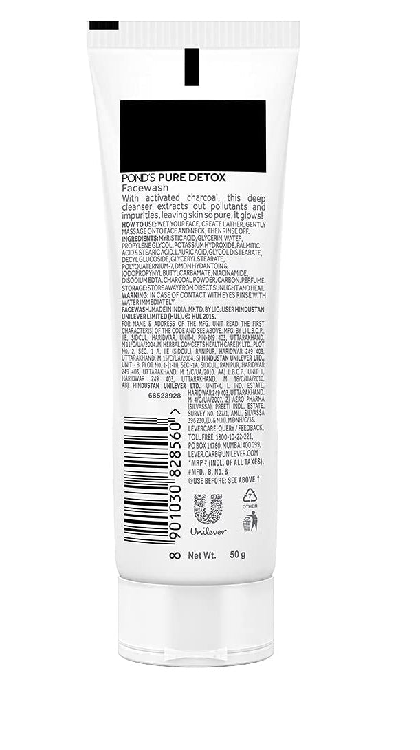 POND'S Face Cleanser - Pure Detox, Facial Foam, Activated Charcoal Face Wash with Skin-Brightening Niacinamide, Moringa Extract, and Green Tea for Deep Cleansing, Glowing Skin