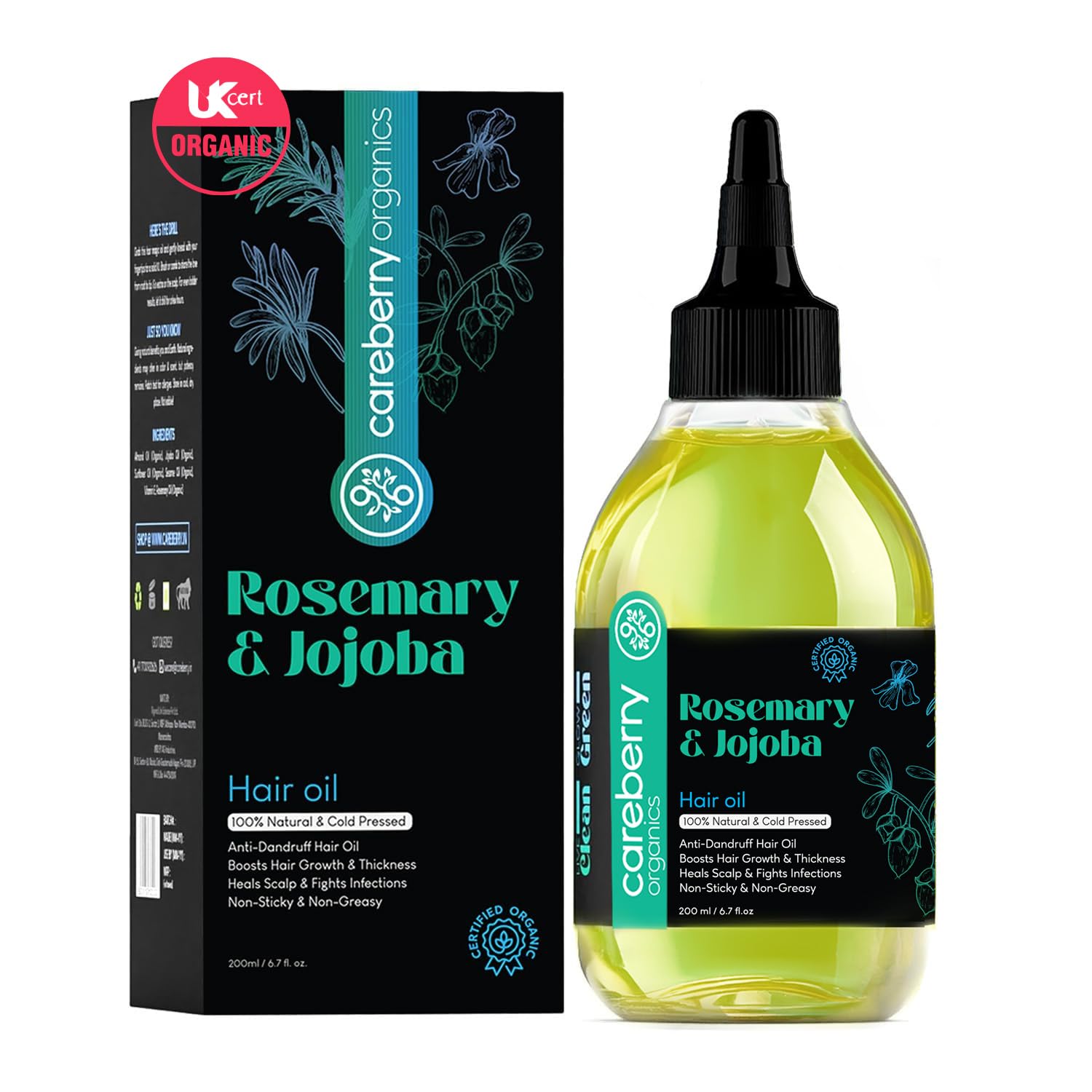 Careberry 100% Organic Rosemary & Jojoba Anti Dandruff Hair Oil - 200 ml