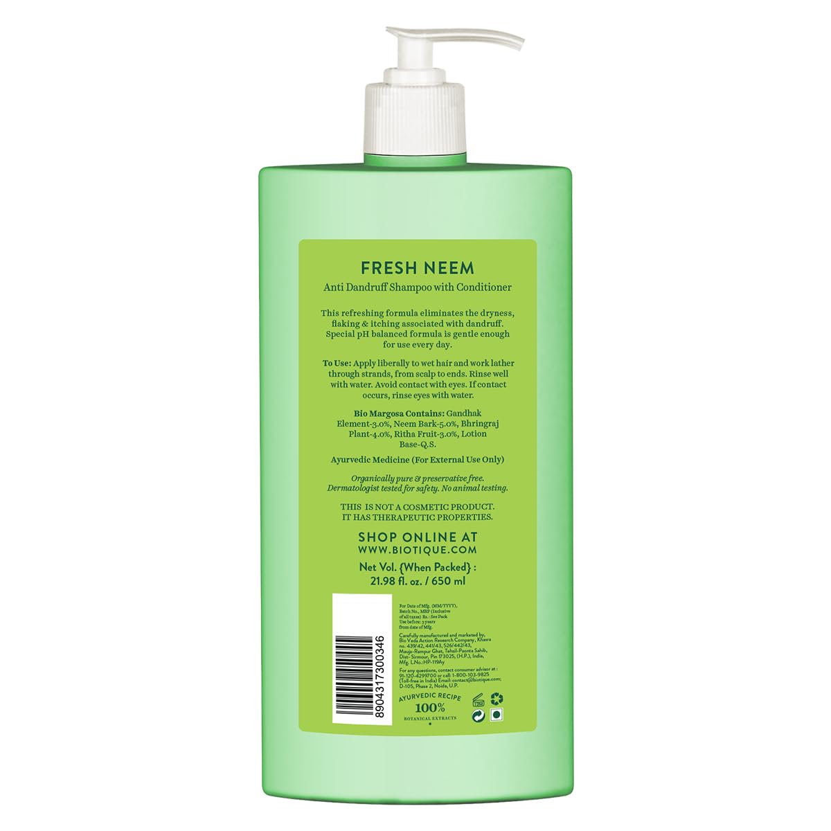 Biotique Fresh Neem Anti-Dandruff Shampoo With Conditioner - 650 ml
