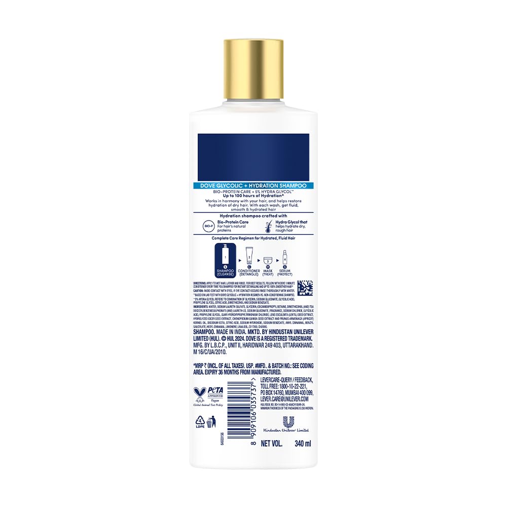Dove Glycolic + Hydration Shampoo With 5% Hydra-Glycol For Upto 100 Hours Of Hydrated, Fluid Hair - 340 ml