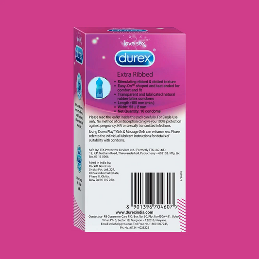 Skip to product information   Durex Quality   Discreet Delivery   Free Express Shipping*   Best Price Online  Durex Extra Ribbed - 10 Condoms