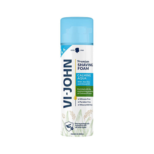 VI-JOHN Dermatologically Tested Premium Claming Aqua Shaving Foam Enriched with Aloevera & Almond Oil Free From Silicone, Paraben & Mineral Oil - 200 gm