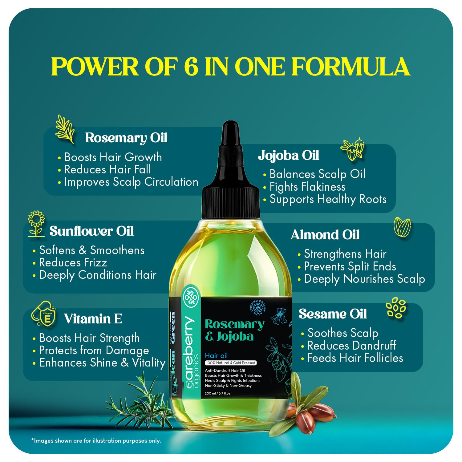 Careberry 100% Organic Rosemary & Jojoba Anti Dandruff Hair Oil - 200 ml