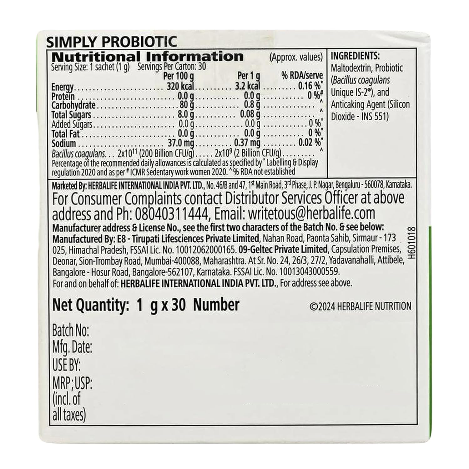 Herbalife Simply Probiotic Powder - 30 Sachets
