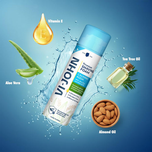 VI-JOHN Dermatologically Tested Premium Claming Aqua Shaving Foam Enriched with Aloevera & Almond Oil Free From Silicone, Paraben & Mineral Oil - 200 gm