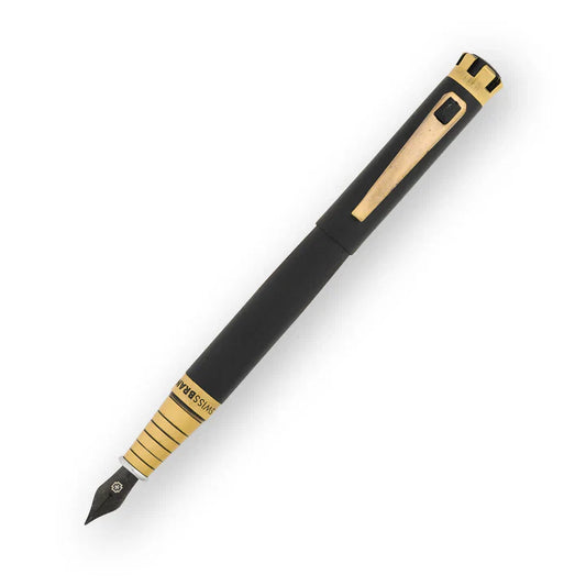 SWISSBRAND Eternia 2510 Matte black gold Fountain Pen with black gem embedded in the gold trim