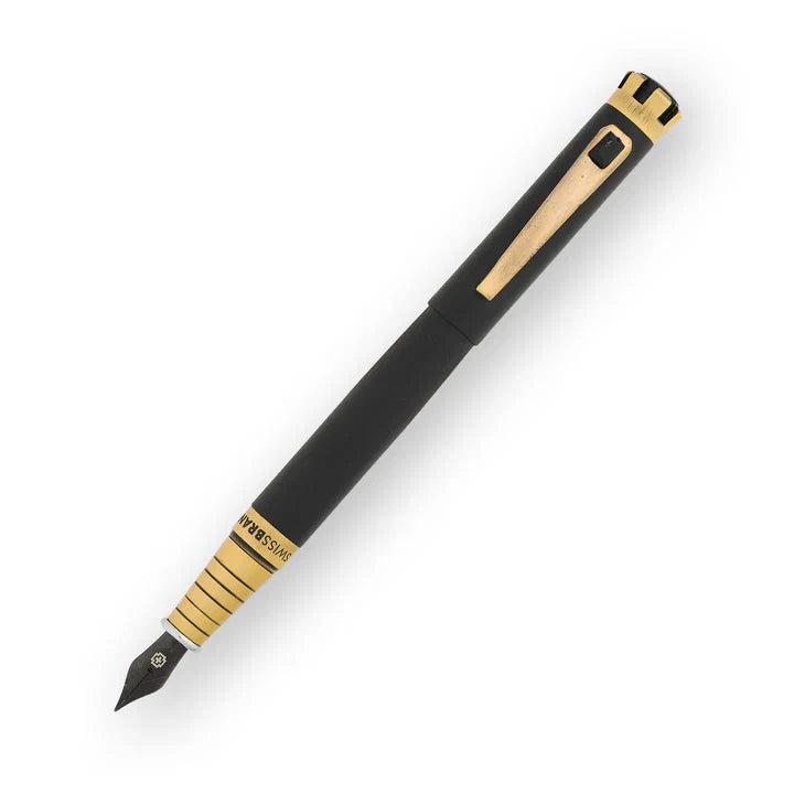 SWISSBRAND Eternia 2510 Matte black gold Fountain Pen with black gem embedded in the gold trim