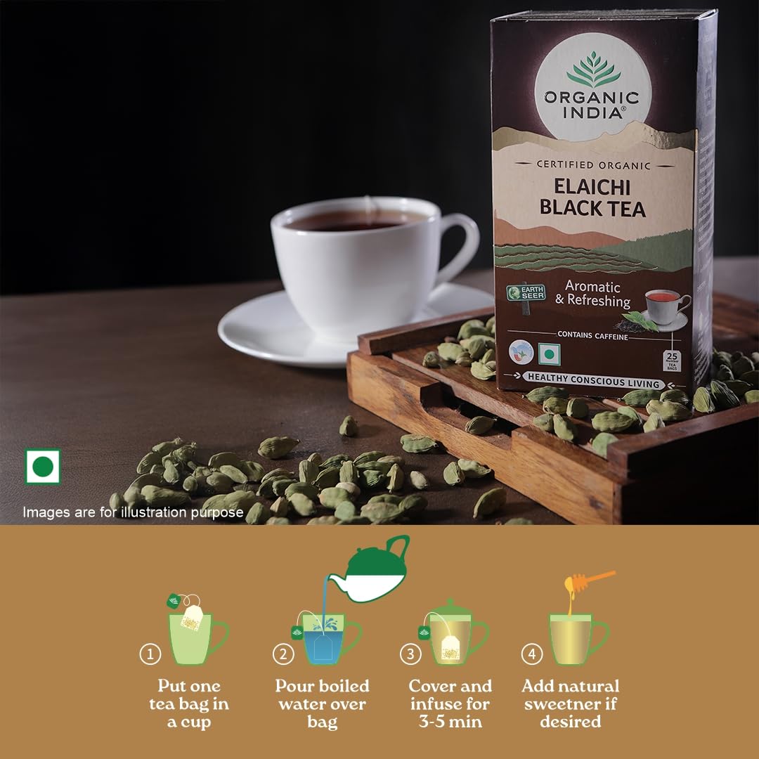 Organic India Elaichi Flavoured Black Tea Bags - 25 Teabags