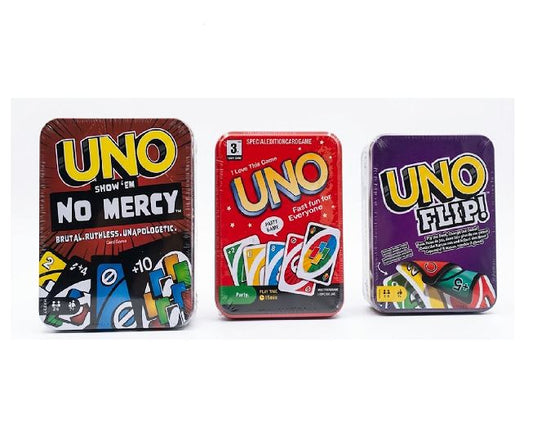 UNO No Mercy Tin and UNO Red Tin with UNO Flip Tin Card Game Combo | Best for Friends, Family & Travel