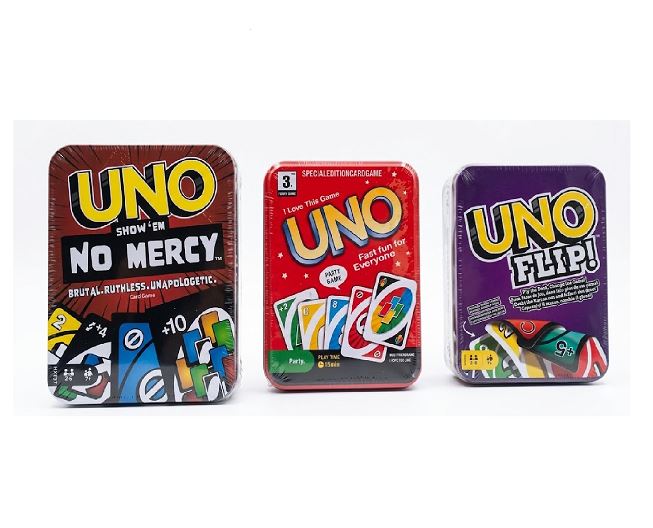 UNO No Mercy Tin and UNO Red Tin with UNO Flip Tin Card Game Combo | Best for Friends, Family & Travel