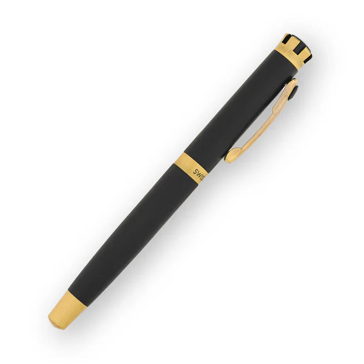 SWISSBRAND Eternia 2510 Matte black gold Fountain Pen with black gem embedded in the gold trim