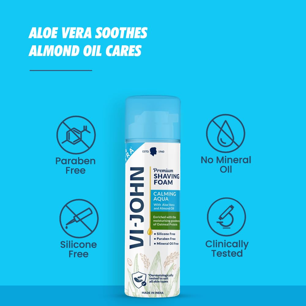VI-JOHN Dermatologically Tested Premium Claming Aqua Shaving Foam Enriched with Aloevera & Almond Oil Free From Silicone, Paraben & Mineral Oil - 200 gm