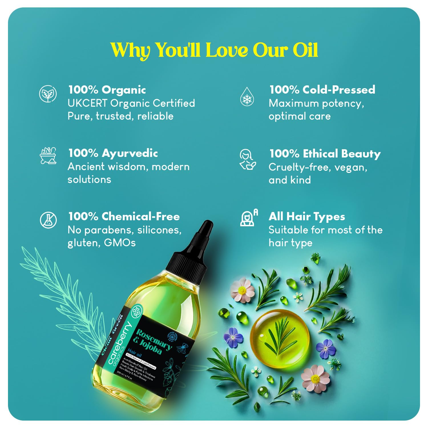 Careberry 100% Organic Rosemary & Jojoba Anti Dandruff Hair Oil - 200 ml