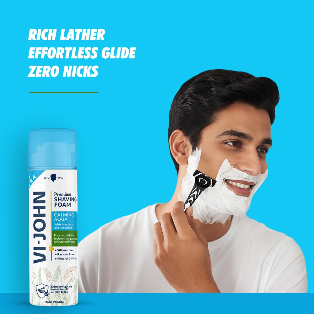 VI-JOHN Dermatologically Tested Premium Claming Aqua Shaving Foam Enriched with Aloevera & Almond Oil Free From Silicone, Paraben & Mineral Oil - 200 gm