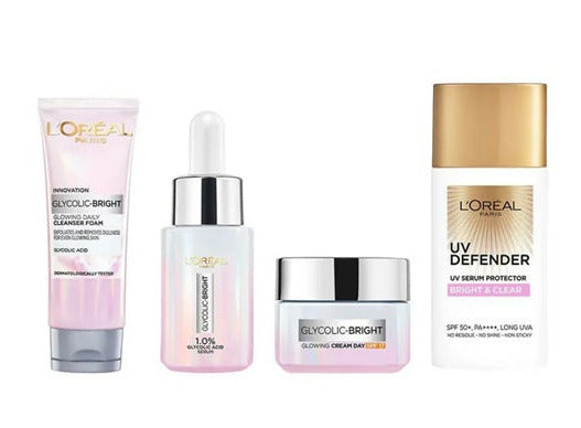 LOreal Paris Glycolic Acid Glowing And Protecting CSMS (Cleanser, Serum, Moisturizer, Sunscreen) Regime Kit - kit