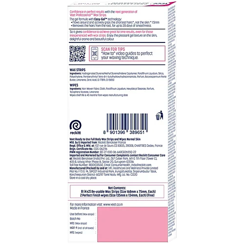 Veet Ready To Use Wax Strips For Normal Skin - Up To 28 days Of Smoothness, 8 pcs