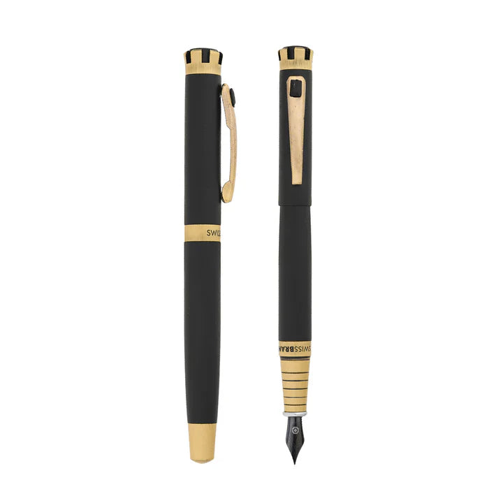 SWISSBRAND Eternia 2510 Matte black gold Fountain Pen with black gem embedded in the gold trim