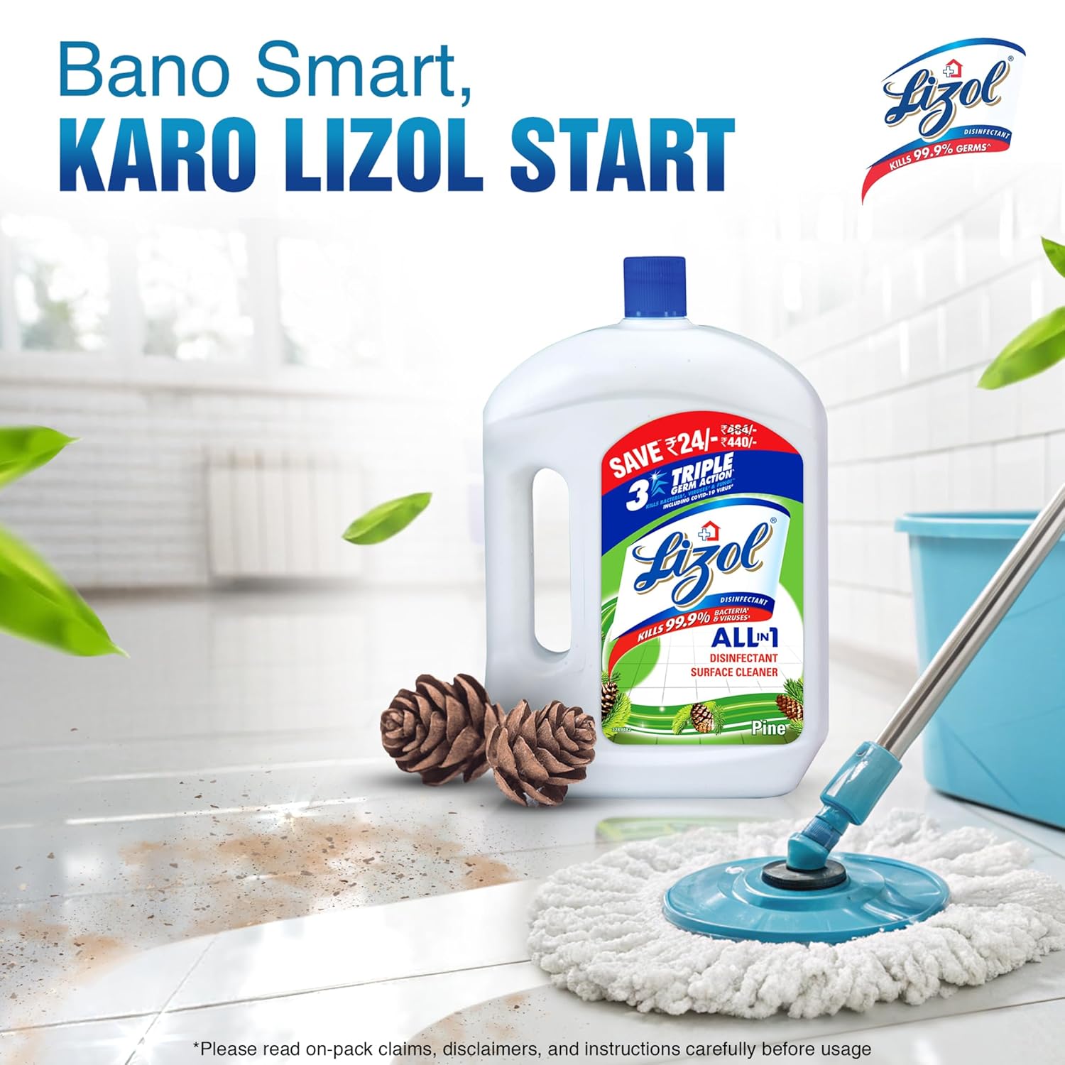 Lizol Disinfectant Surface & Floor Cleaner Liquid, Pine - 2 Litre