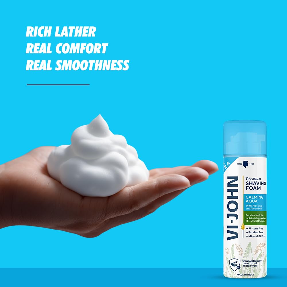 VI-JOHN Dermatologically Tested Premium Claming Aqua Shaving Foam Enriched with Aloevera & Almond Oil Free From Silicone, Paraben & Mineral Oil - 200 gm