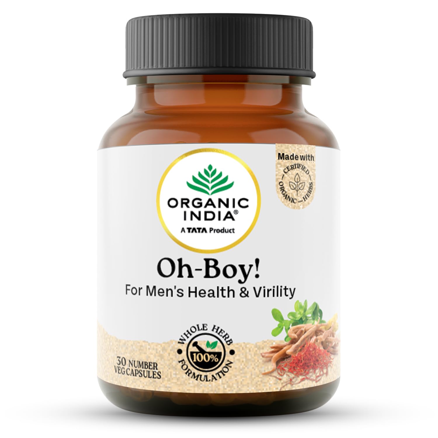 Organic India OH-Boy - 30 Veg Capsules, Ashwagandha, Musli & Saffron, Helps Improve Men's Health & Vitality, Helps Boost Testosterone Levels, Reduce Stress & Anxiety GMP & NPOP Certified Organic