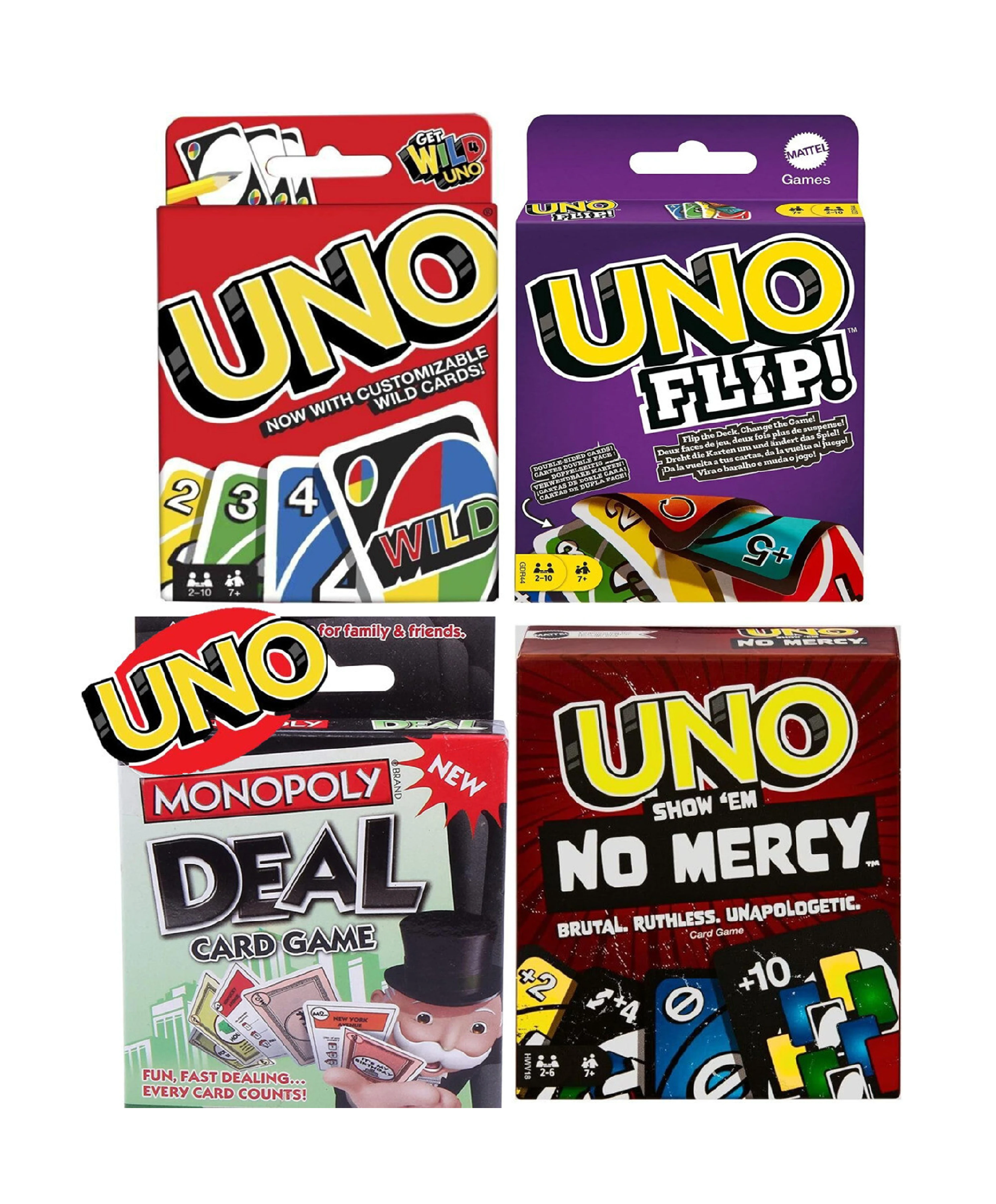 UNO Wild | UNO Flip | UNO Deal and UNO No Mercy Card Game Combo (4 in 1) | Play with Friends, Family and Travel