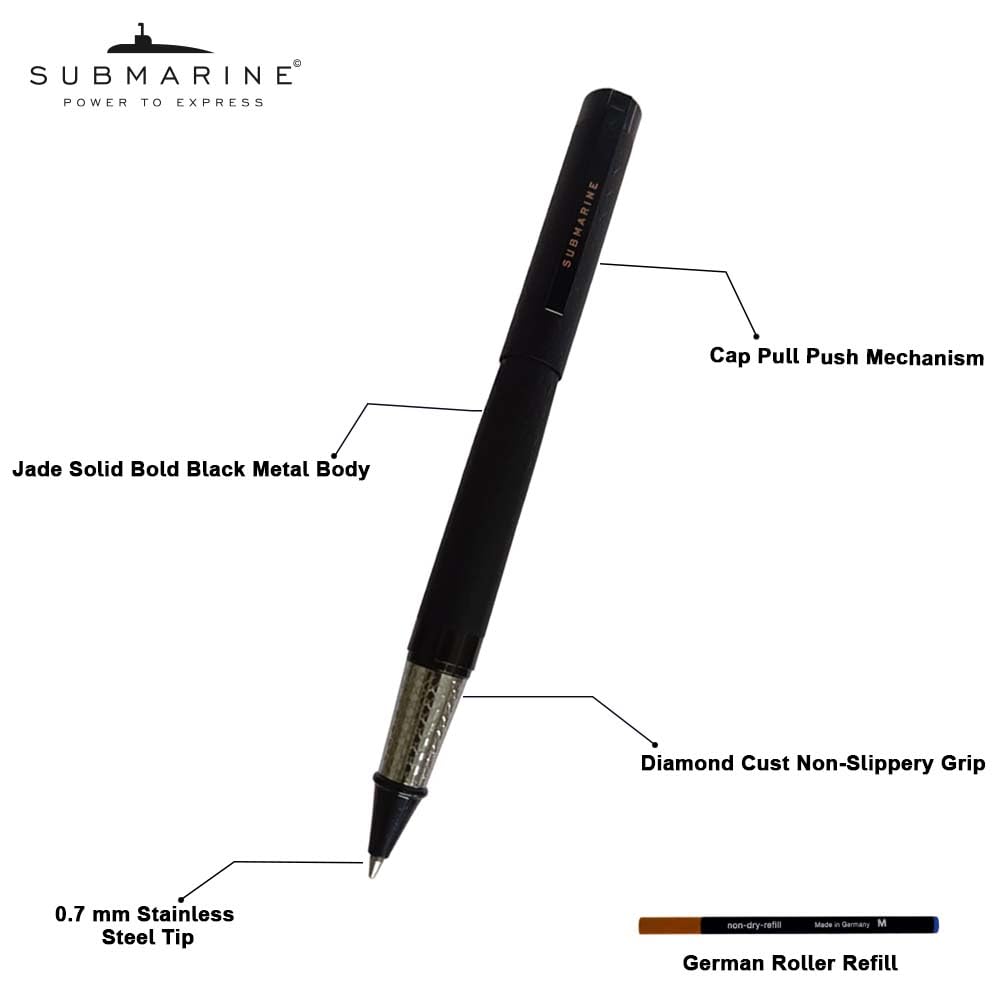 Submarine 1071 Jade Solid Bold Roller Pen, Black Metal Body