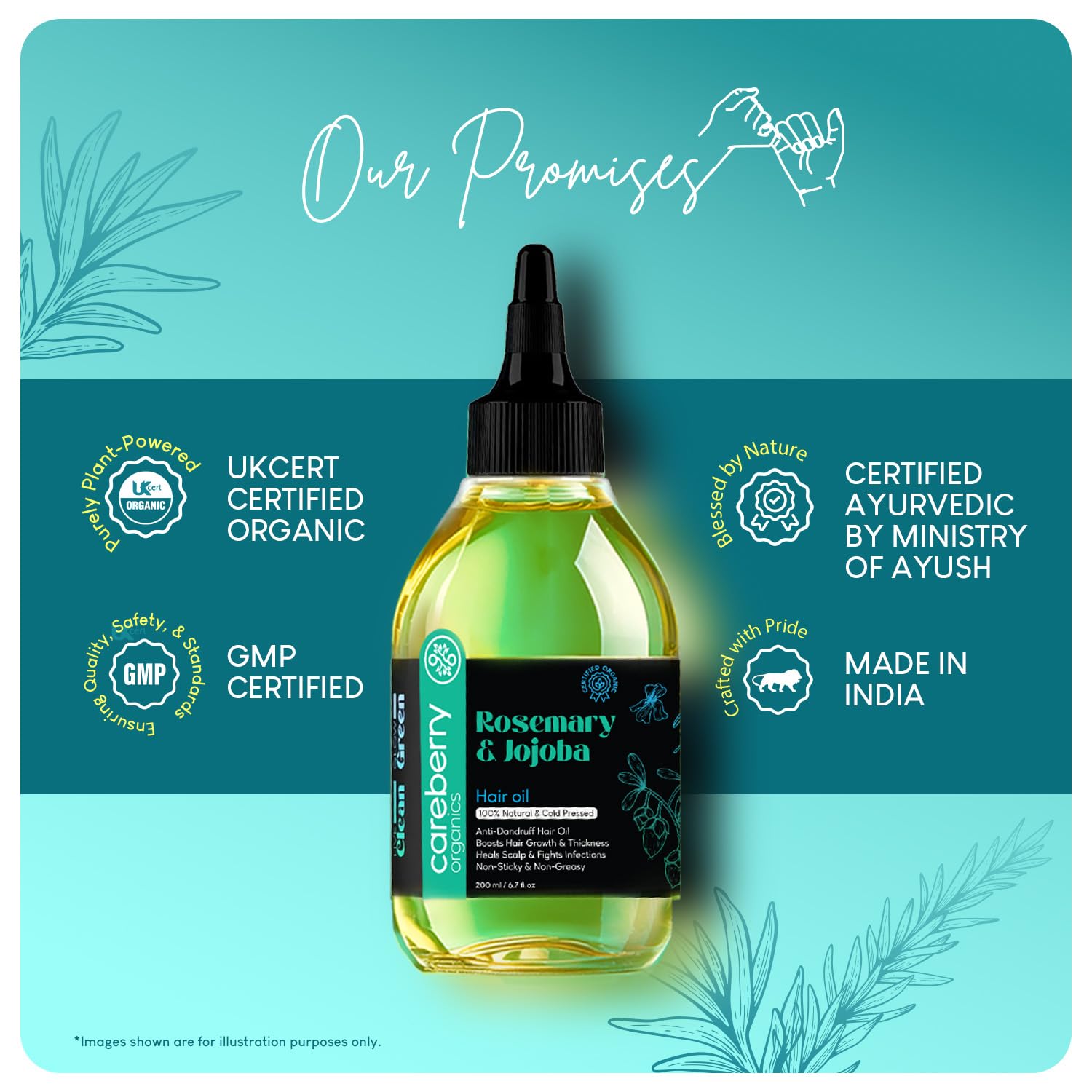 Careberry 100% Organic Rosemary & Jojoba Anti Dandruff Hair Oil - 200 ml