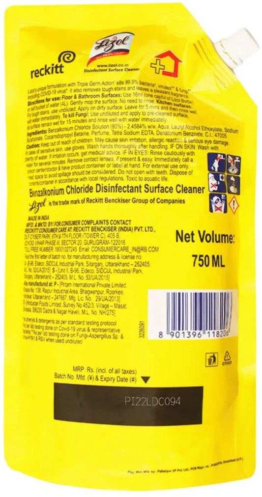 Lizol Citrus Disinfectant Surface Cleaner Pouch: 750 ml