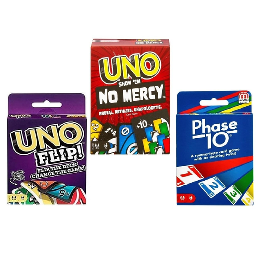 UNO Flip, UNO No Mercy and UNO Phase 10 Card Game Combo Pack of 3