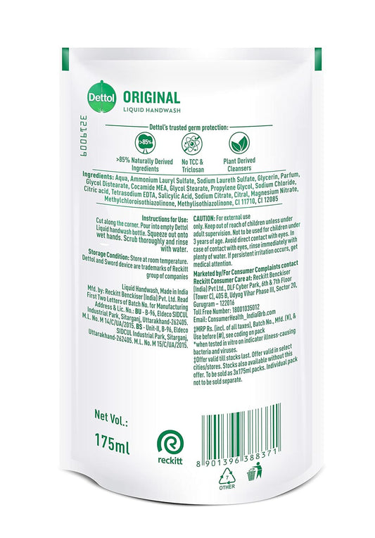 Dettol Original Handwash Liquid Soap Refill, 175ml (Pack of 3) |