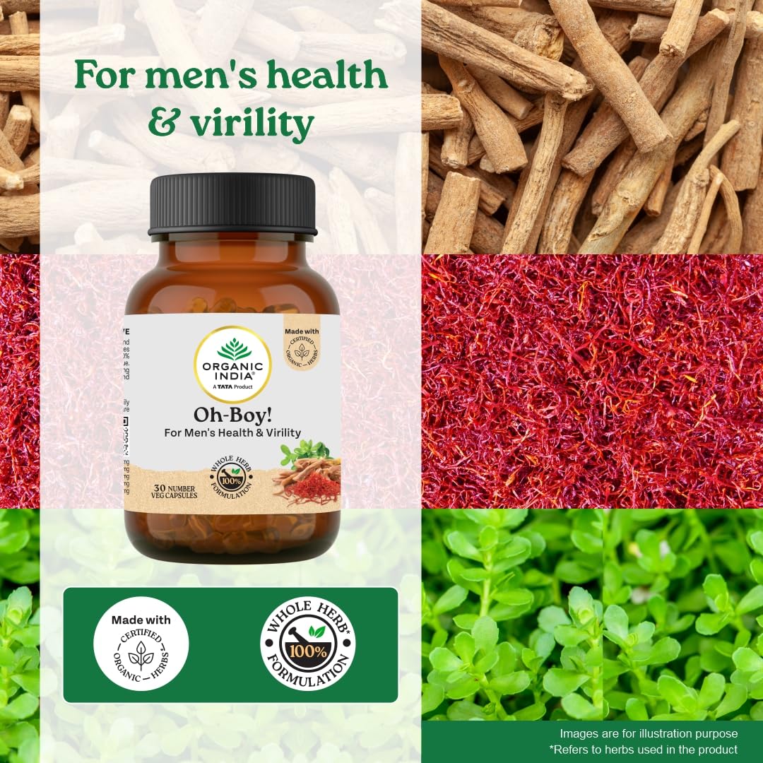 Organic India OH-Boy - 30 Veg Capsules, Ashwagandha, Musli & Saffron, Helps Improve Men's Health & Vitality, Helps Boost Testosterone Levels, Reduce Stress & Anxiety GMP & NPOP Certified Organic