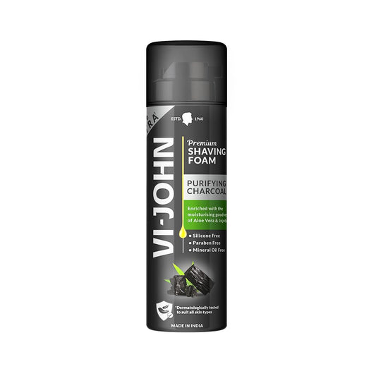 VI-JOHN Dermatologically Tested Premium Purifying Charcoal Shaving Foam Enriched with Aloevera & Jojoba Oil Free From Silicone, Paraben & Mineral Oil - 200 gm