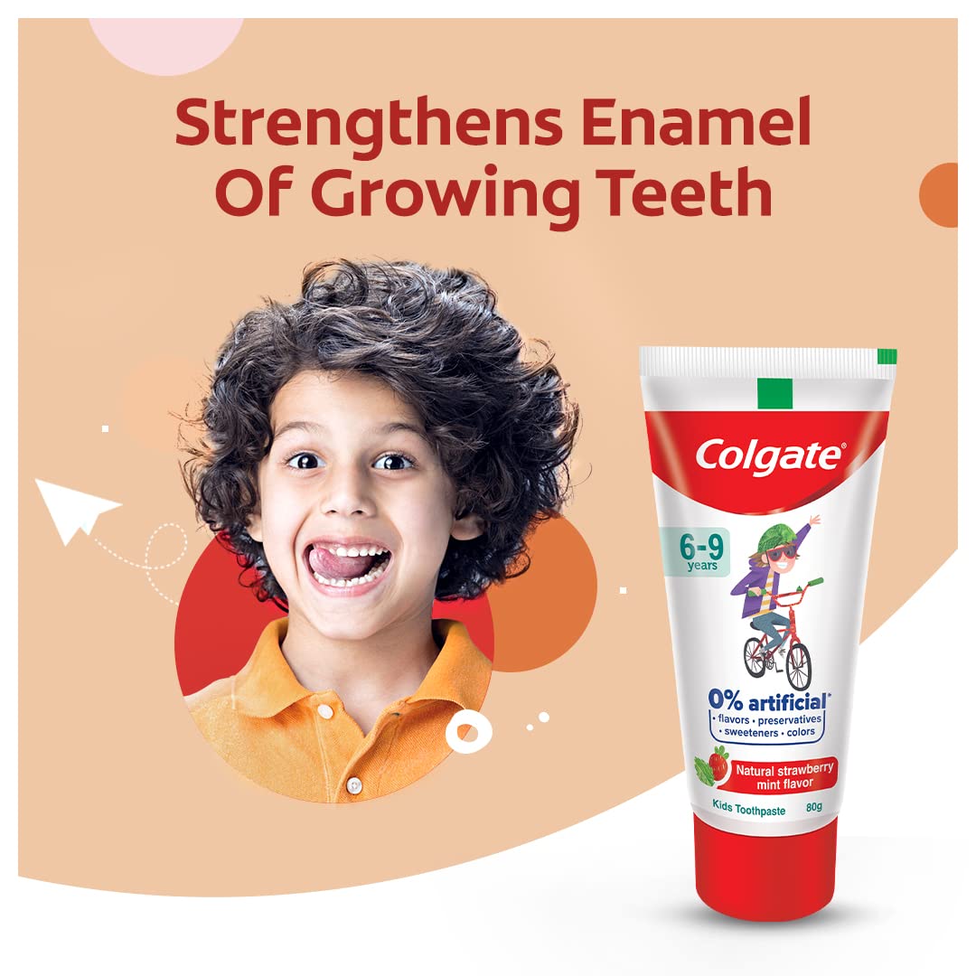 Colgate Kids Toothpaste with 0% Artificial Preservatives, Colours, Sweeteners for Whitening (6-9 Years, Natural Strawberry Mint Flavour - 80g