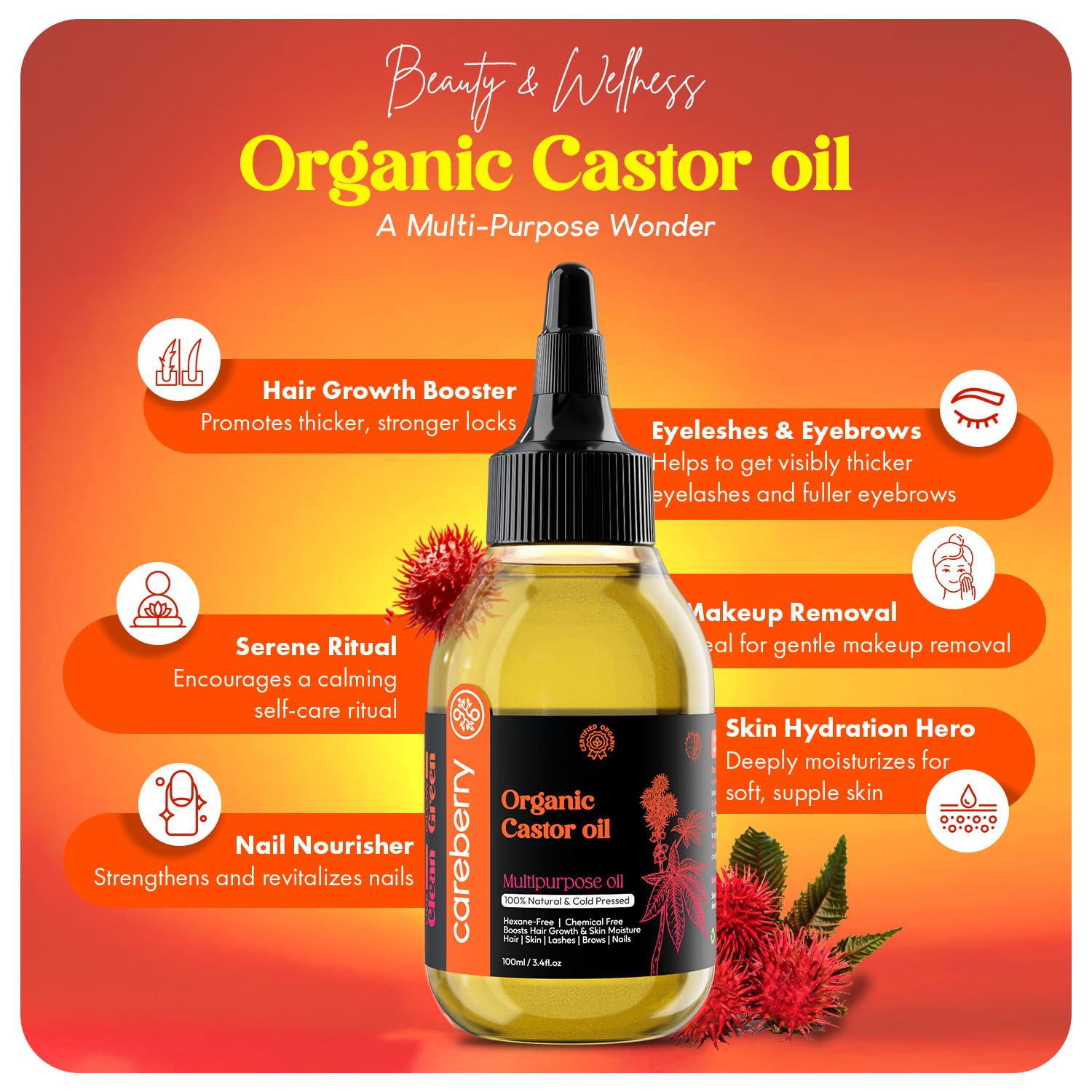 Careberry Organic Cold Pressed Castor Oil (Arandi Oil) - 200 ml