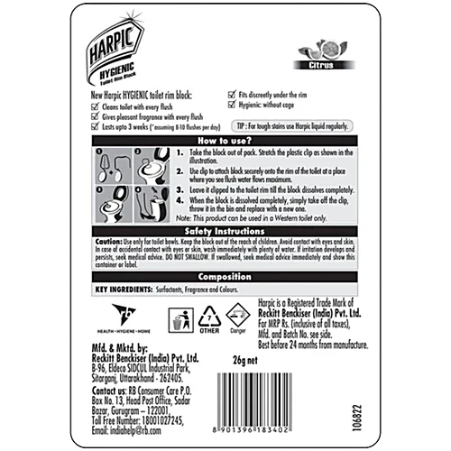 Harpic Hygienic Toilet Cleaner Rim Block - Citrus, 26 g
