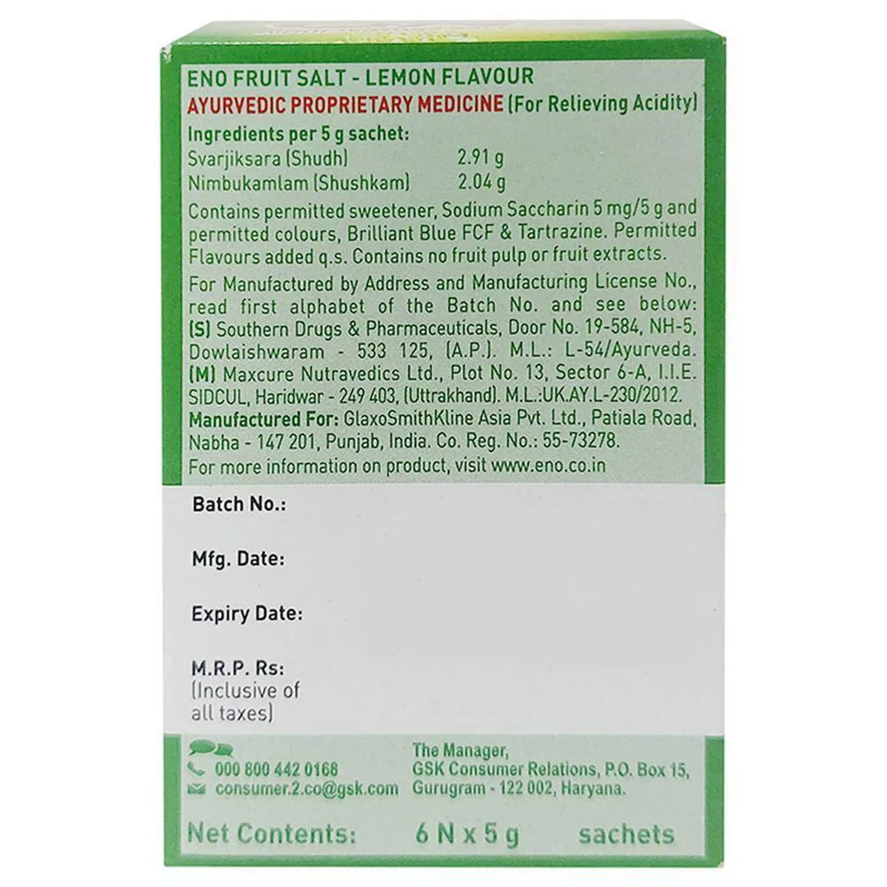 Eno Lemon Flavour Fruit Salt 5 g (Pack of 6)