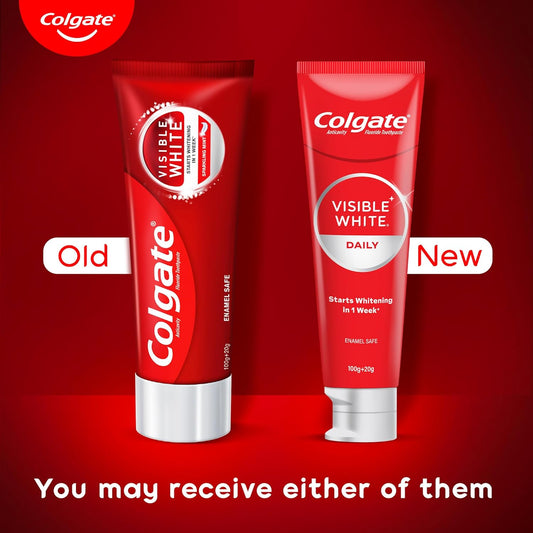 Colgate Visible White Toothpaste, Teeth Whitening Starts in 1 week, Safe on Enamel, Stain Removal Tooth Paste and Minty Flavour for Fresh Breath (100g + 20g)
