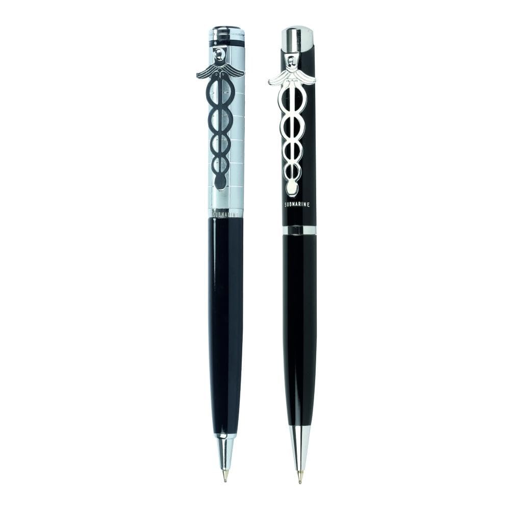 Submarine 1018 & 1025 Ball Pen Combo With Doctor Clip, Silver and Black Metal Body, Fitted With Criss Blue Ink Refill