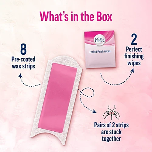 Veet Ready To Use Wax Strips For Normal Skin - Up To 28 days Of Smoothness, 8 pcs