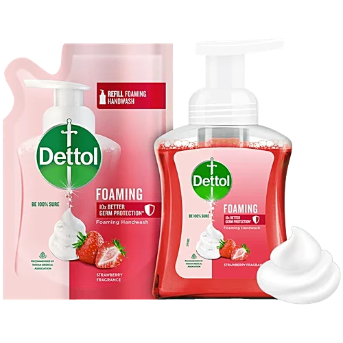 Dettol Foaming Handwash - Pump + Refill Combo, Strawberry, Rich Foam, Moisturizing, Soft On Hands, 250 ml (200 ml Refill Pack)