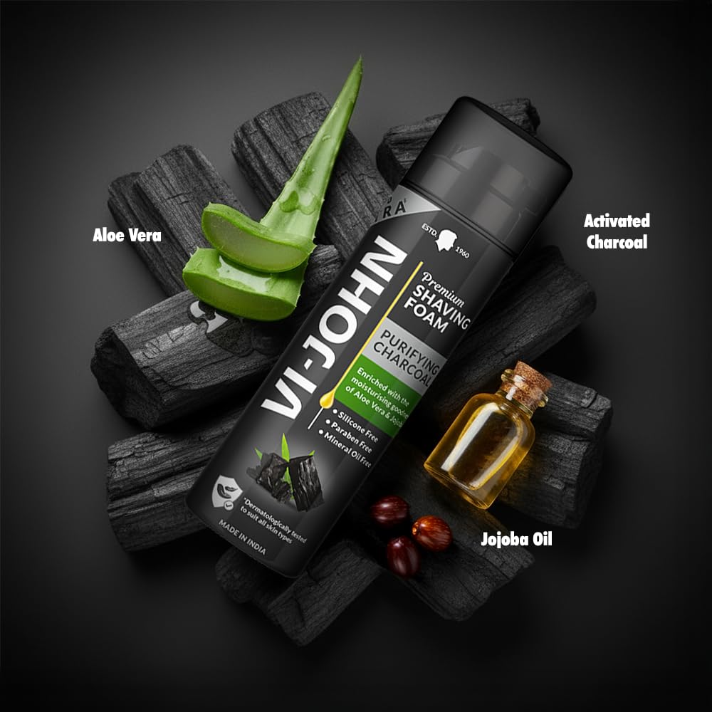 VI-JOHN Dermatologically Tested Premium Purifying Charcoal Shaving Foam Enriched with Aloevera & Jojoba Oil Free From Silicone, Paraben & Mineral Oil - 200 gm