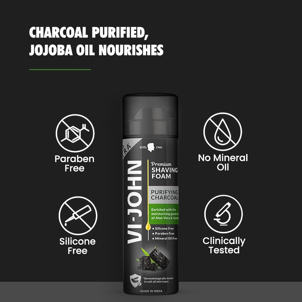 VI-JOHN Dermatologically Tested Premium Purifying Charcoal Shaving Foam Enriched with Aloevera & Jojoba Oil Free From Silicone, Paraben & Mineral Oil - 200 gm