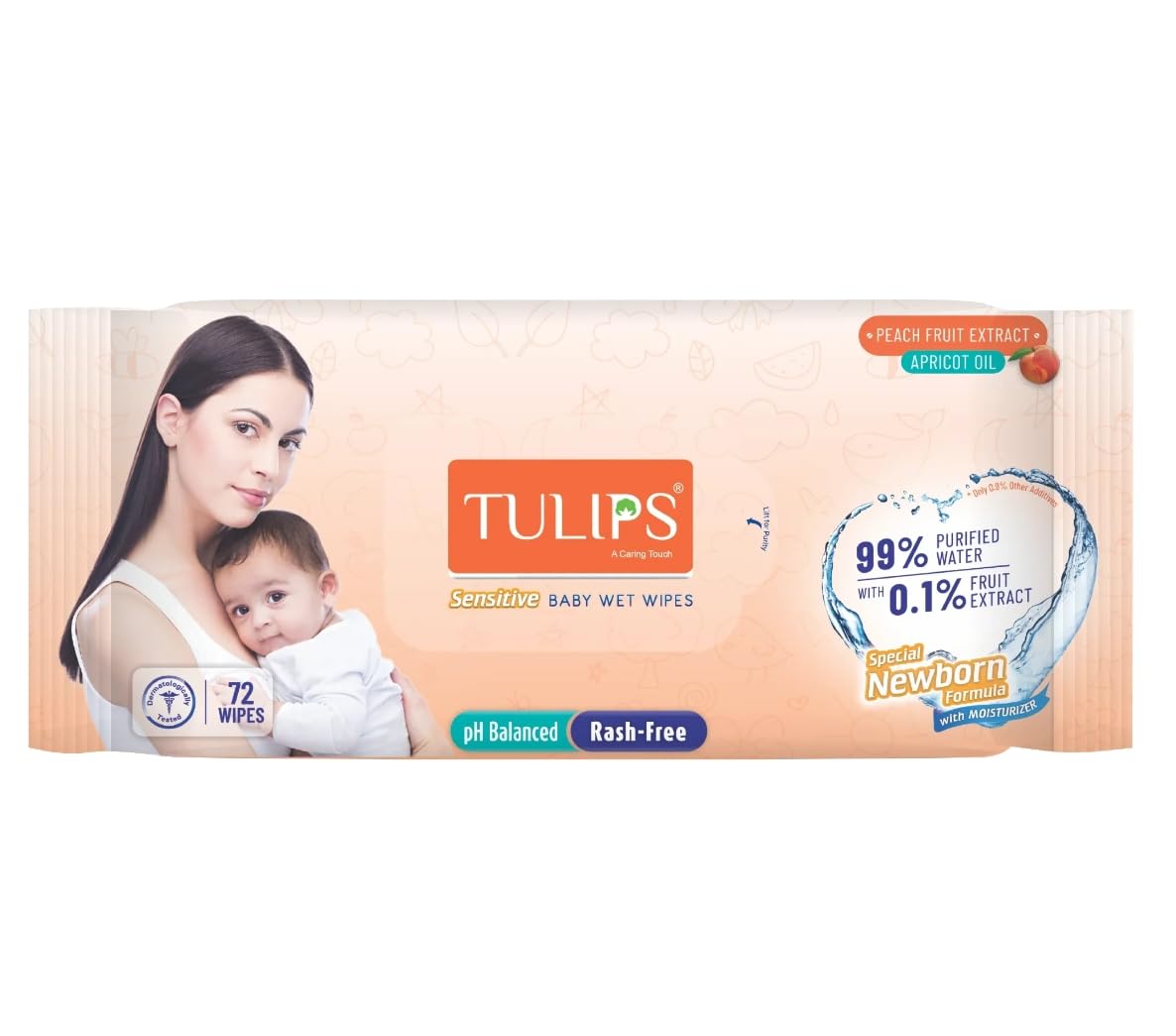 TULIP.P Sensitive Baby Wet Wipes Peach Fruit Extracts+ Vitamin E (72 wipes (pack of 1)