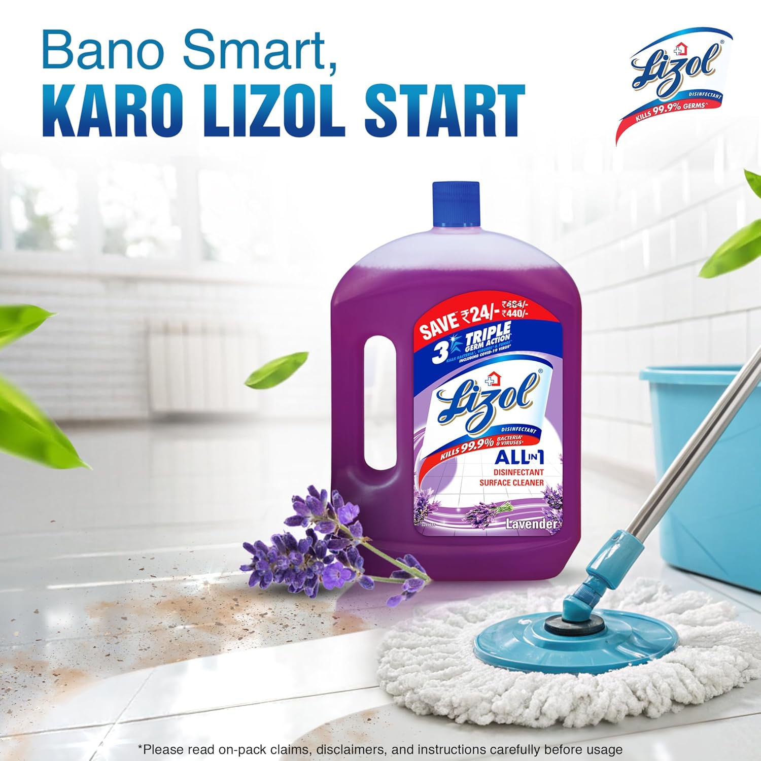 Lizol Disinfectant Surface & Floor Cleaner Liquid, Lavender - 2 Litre