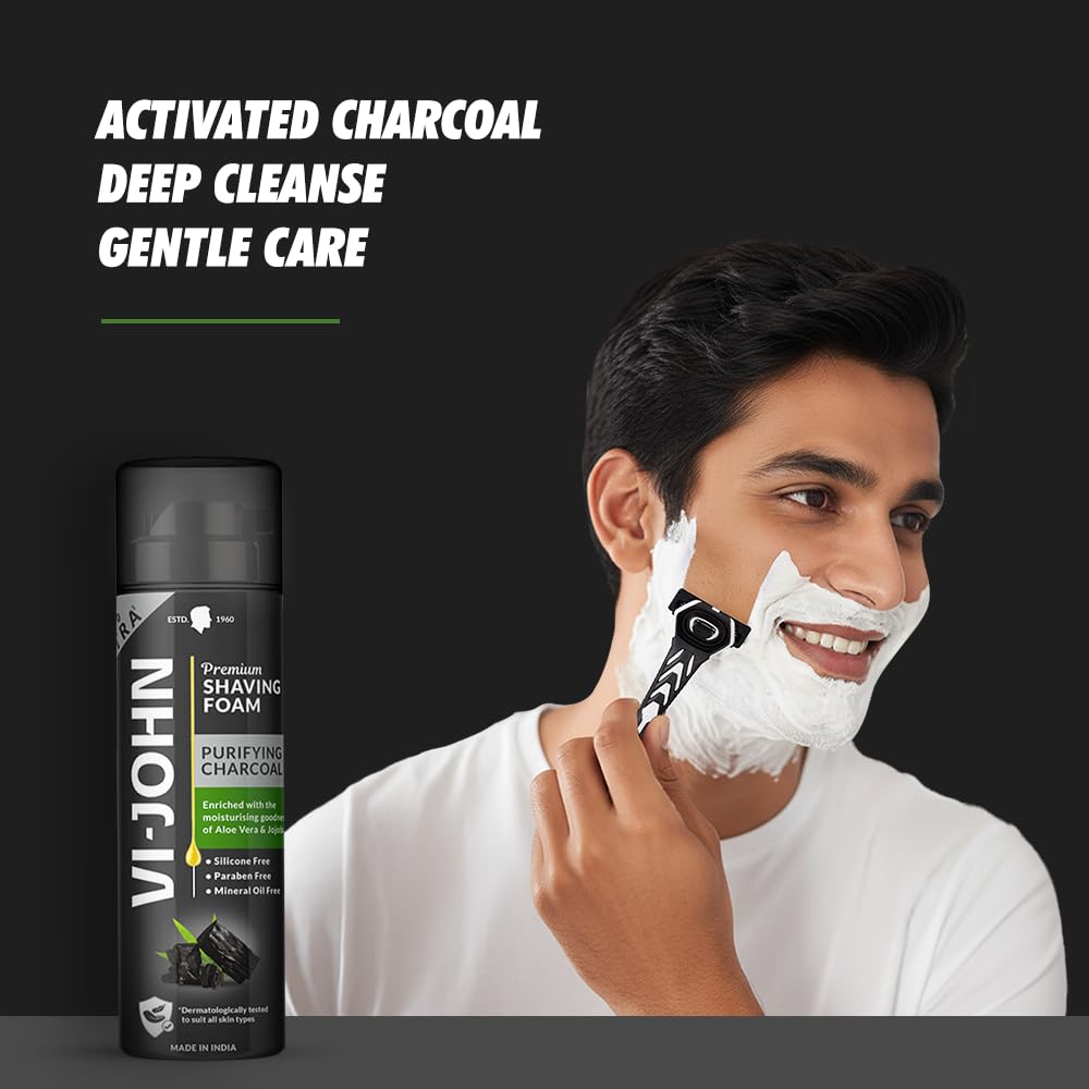 VI-JOHN Dermatologically Tested Premium Purifying Charcoal Shaving Foam Enriched with Aloevera & Jojoba Oil Free From Silicone, Paraben & Mineral Oil - 200 gm