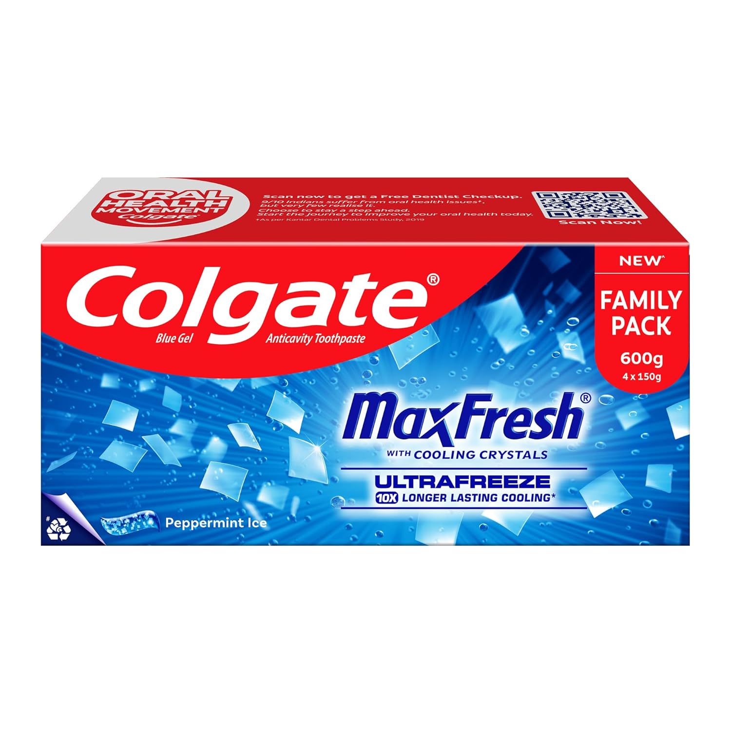 Colgate MaxFresh Toothpaste, Blue Gel Paste with Menthol for Super Fresh Breath, 600g, 150g X 4