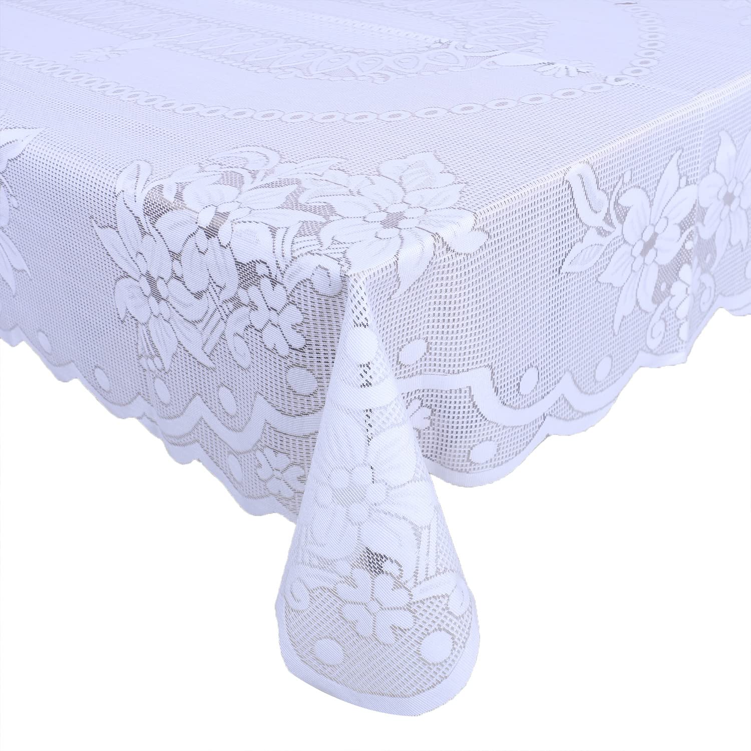 Rectangular Dining Table Cover|Poly Cotton Stain-Resistant Floral Pattern|Net Tablecloth Protector for Home Decoration, 60X90 Inch (White)