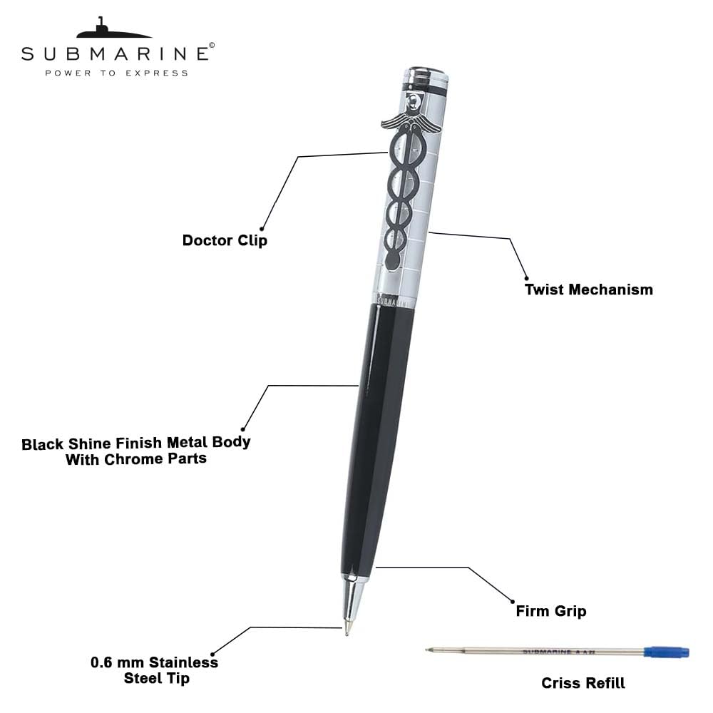 Submarine 1018 & 1025 Ball Pen Combo With Doctor Clip, Silver and Black Metal Body, Fitted With Criss Blue Ink Refill